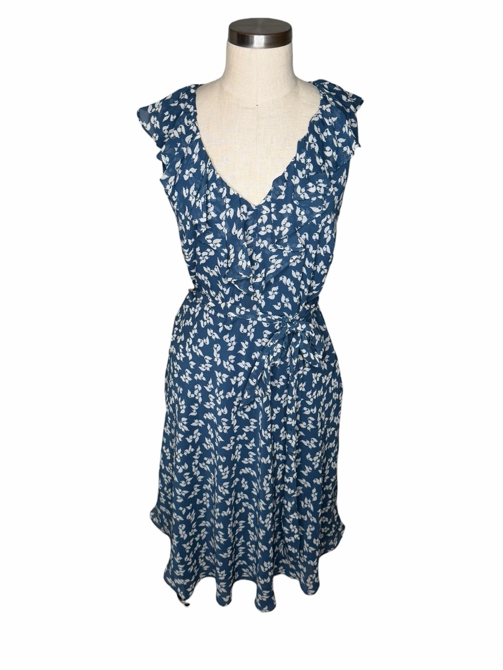 LAUREN Ralph Lauren Navy Blue Floral Ruffle Midi Dress Women's‎ Size 6 Flutter